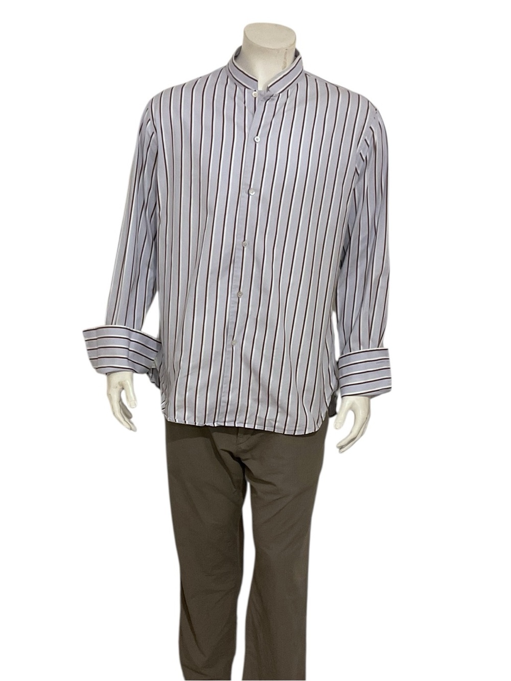 Shanghai Tang Men’s Light Blue Striped French Cuffs Dress Shirt